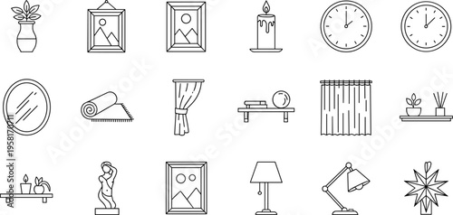 Collection of line art icons representing home decor and interior design elements