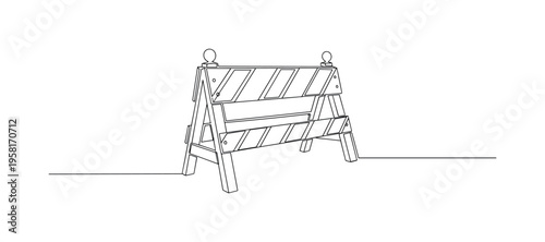 Traffic Barricade. Minimalistic one-line drawing roadblock barrier with warning stripes, continuous single black line on white background, simple outline