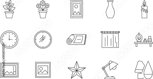 Collection of line art icons representing home decor and everyday objects
