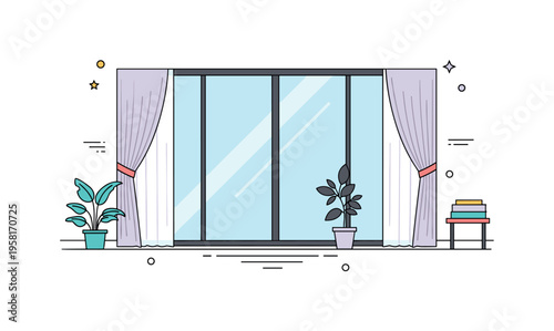 Scandinavian style room with expansive window featuring sheer curtains gently framing a wide glass surface and a small potted plant silhouette, expressing