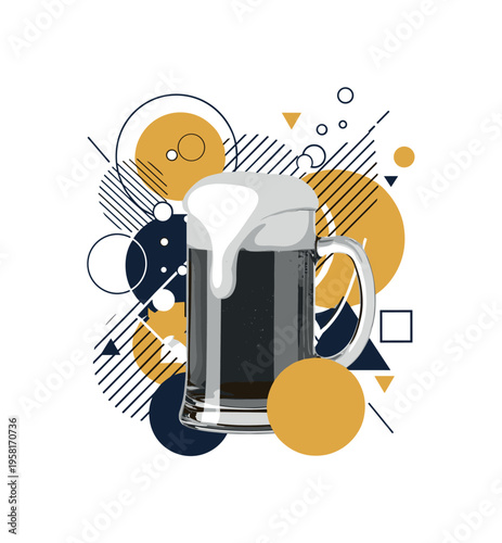 black-and-white classic beer mug with thick foam overflowing slightly, abstract circular bubbles and diagonal lines suggesting carbonation and energy, mustard