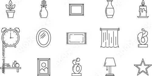 Collection of line art icons representing home decor and furnishings