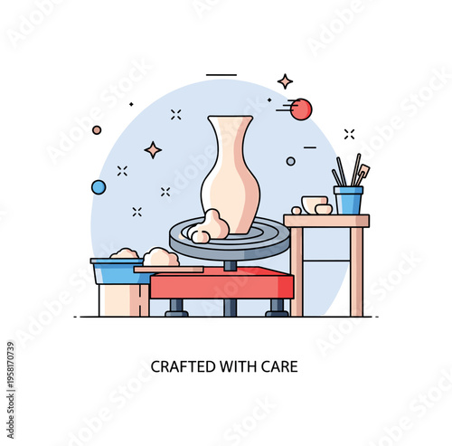 Studio pottery scene featuring a wheel with clay forming a tall vase, surrounded by minimal workshop elements. Gentle shadow accents and a short ?Crafted with