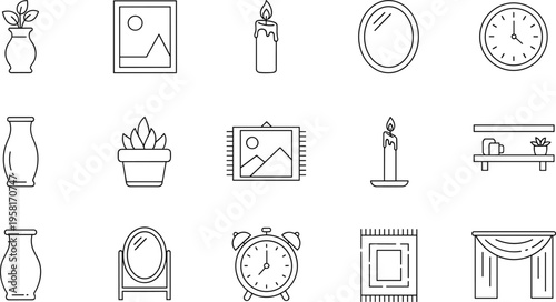 Collection of line art icons representing home decor and interior design elements