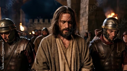 Jesus arrested with hands bound by thick rope and led away by Roman guards