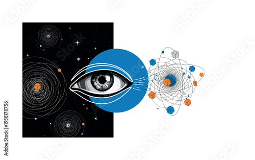 surreal composition with black and white eye observing a night sky filled with swirling thoughts and small stars, cut-out object with white outline effect,