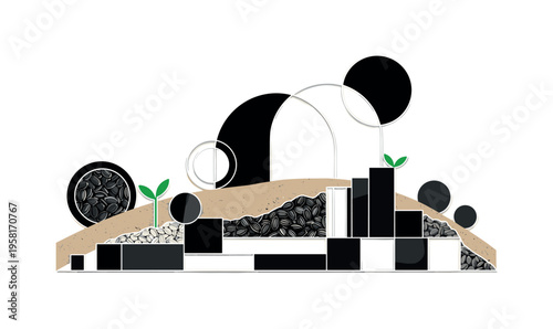 Black and white seeds scattered across soil transforming into geometric shapes like circles and blocks, bold semicircles rising above as symbolic sun and