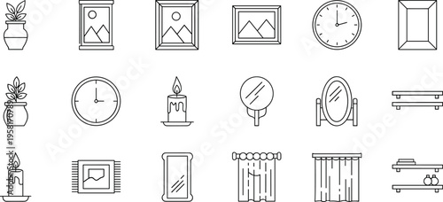 Collection of line art icons representing home decor and interior design elements