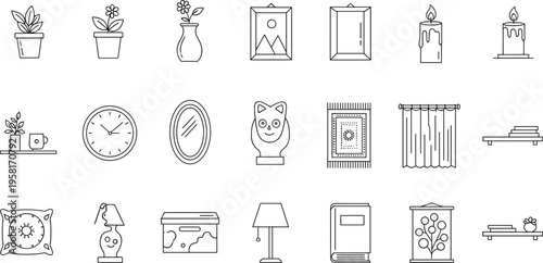 Collection of line art icons representing home decor and furniture elements