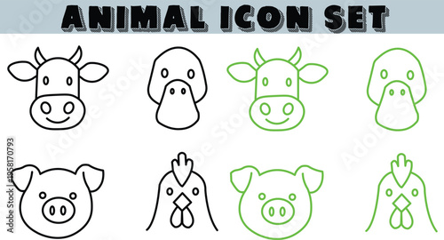 Animal icons set with cow pig sheep and bird heads in black and green line art on white background for graphic design elements  farm animals