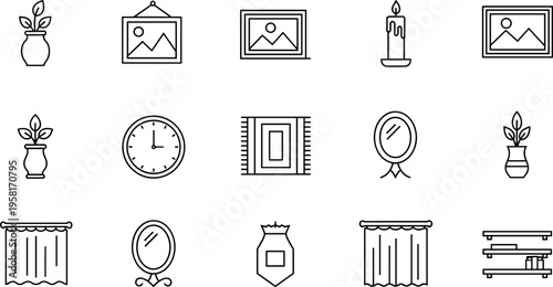 Collection of simple line art icons representing home decor and interior design elements