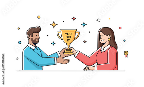 Friendship encouragement moment where one friend hands a small trophy labeled You Did It while stars sparkle around the scene. The illustration highlights