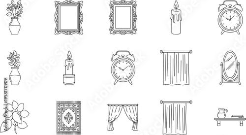 Collection of decorative home interior elements in a clean line art style