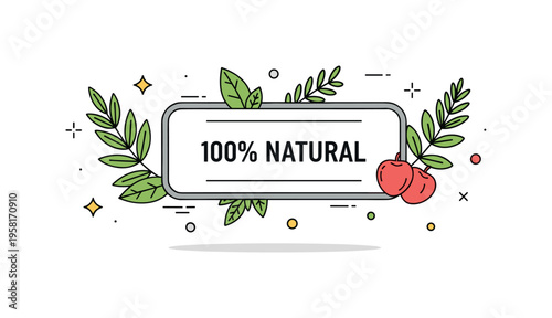Natural ingredients highlight simple rectangular label with illustrated herbs and short text % Natural, evoking freshness and purity. A bright