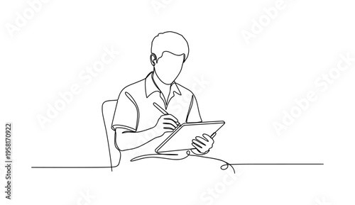 Tablet Drawing Session. Minimalistic one-line drawing artist seated with tablet and stylus in hand sketching a digital illustration, continuous single black