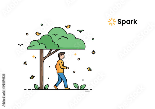Peaceful park stroll simple figure walking under a canopy of trees while small birds and leaves decorate the calm scene. Spark icons emphasize quiet relaxation