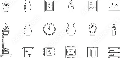 Collection of simple line art icons representing home decor and interior design elements