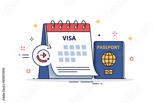 Visa extension process calendar page and passport with a small renewal arrow icon indicating extension of stay in a foreign country. The scene reflects