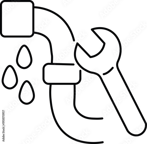 Line drawing of a wrench on a pipe with water droplets leaking from it