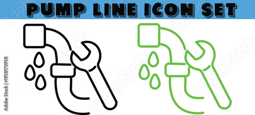 Pump line icon set with wrench and water droplets  plumbing symbols