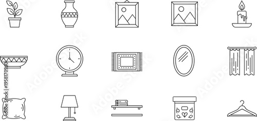Collection of simple line art icons representing home decor and furnishings