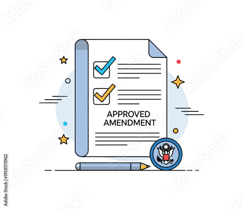 Amendment approval process illustrated by a checklist document with a prominent check mark and small government symbol, representing official ratification. A