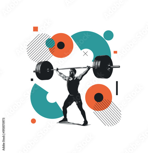 conceptual deadlift composition with athlete raising barbell plates forming circular graphic elements, monochrome figure with cut-out collage edges, bold