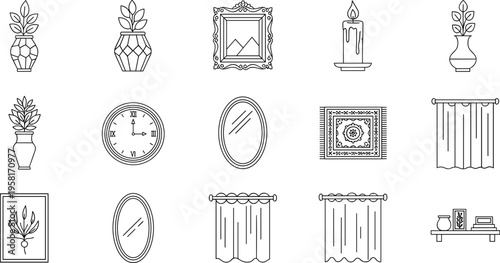 Collection of line art icons representing home decor items for interior design
