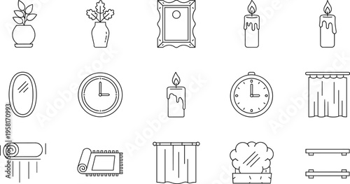Collection of line art icons representing home decor and timekeeping elements