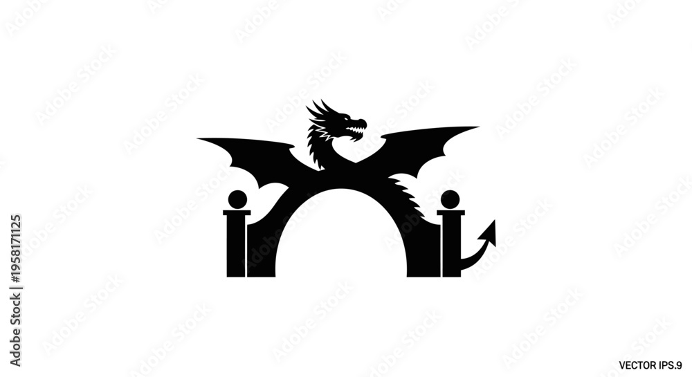 Fototapeta premium Black dragon silhouette flying over arch.