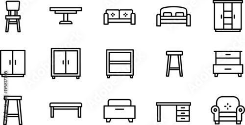 Collection of modern line art icons representing various furniture pieces for home and office