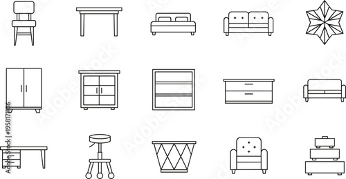 Collection of modern furniture icons in a clean line art style for design