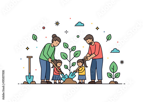 Growing trees together family members working side by side to plant a young tree while simple gardening tools and leaf icons decorate the composition. The