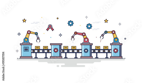 Factory production process conveyor system transporting items through several mechanical stations with robotic arms and gears. Concept illustrating automation