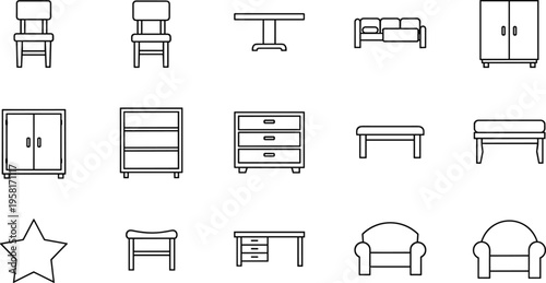 Collection of simple line art icons representing various furniture pieces and a star