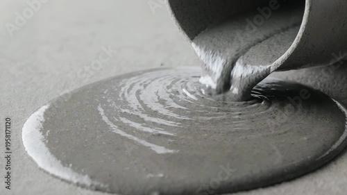 Gray liquid concrete pours from a container, creating ripples and a smooth surface on a flat surface, showcasing the flow and texture of the material in a close-up view