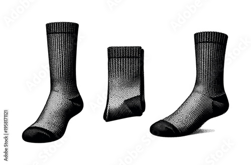 Crew socks, a realistic crew sock shown upright, folded lengthwise, and angled side view as three object views highlighting ribbed shaft and foot section.