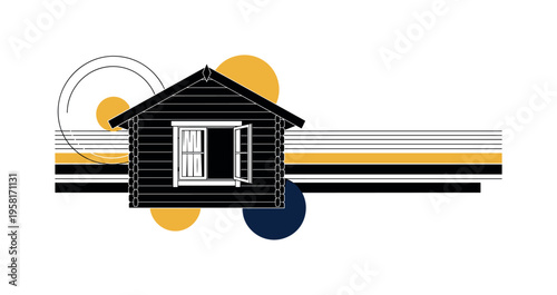 black and white small summer dacha cabin with open window and curtain, white outline collage effect, geometric circles and long horizontal lines representing