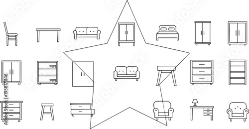 Collection of simple line art furniture icons arranged in a star shape on a white background