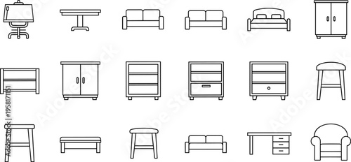 Collection of modern furniture icons in a clean line art style