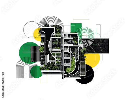 vertical garden integrated into building facade abstract circles lines and geometric shapes representing bioengineered architecture black and white retro
