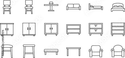 Collection of simple line art icons representing various furniture pieces for interior design