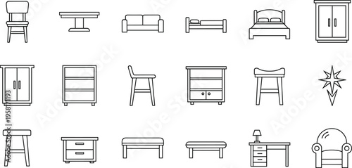 Collection of simple line art icons representing various furniture pieces for home and office