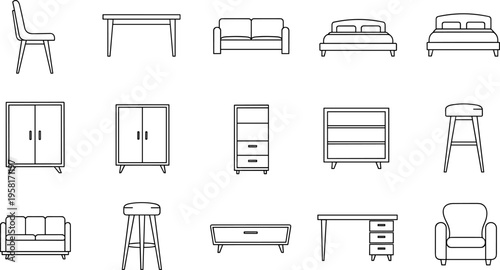 Collection of modern furniture icons in a clean line art style for interior design