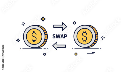 Digital currency conversion theme illustrated by two coin icons with pixel like accents and a central swap arrow, expressing fintech innovation and modern