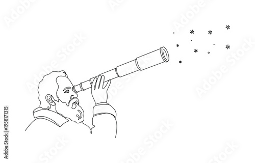 Astronomy Pioneer. Minimalistic one-line drawing Galileo Galilei looking through telescope at the stars, continuous single black line on white background,