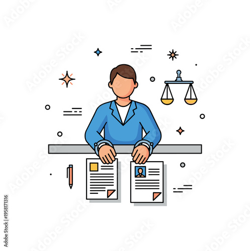 Individual in handcuffs sitting at a table with legal documents and small abstract stars, highlighting criminal responsibility, custody, and justice process.