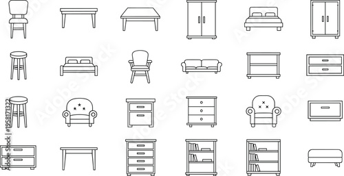 Collection of simple line art icons representing various furniture pieces for interior design