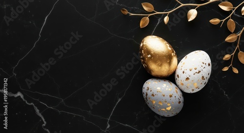 Golden and white Easter eggs with gold leaf on black marble background