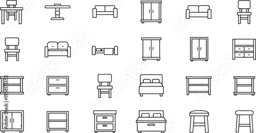 Collection of simple line art icons representing various furniture pieces for home and office